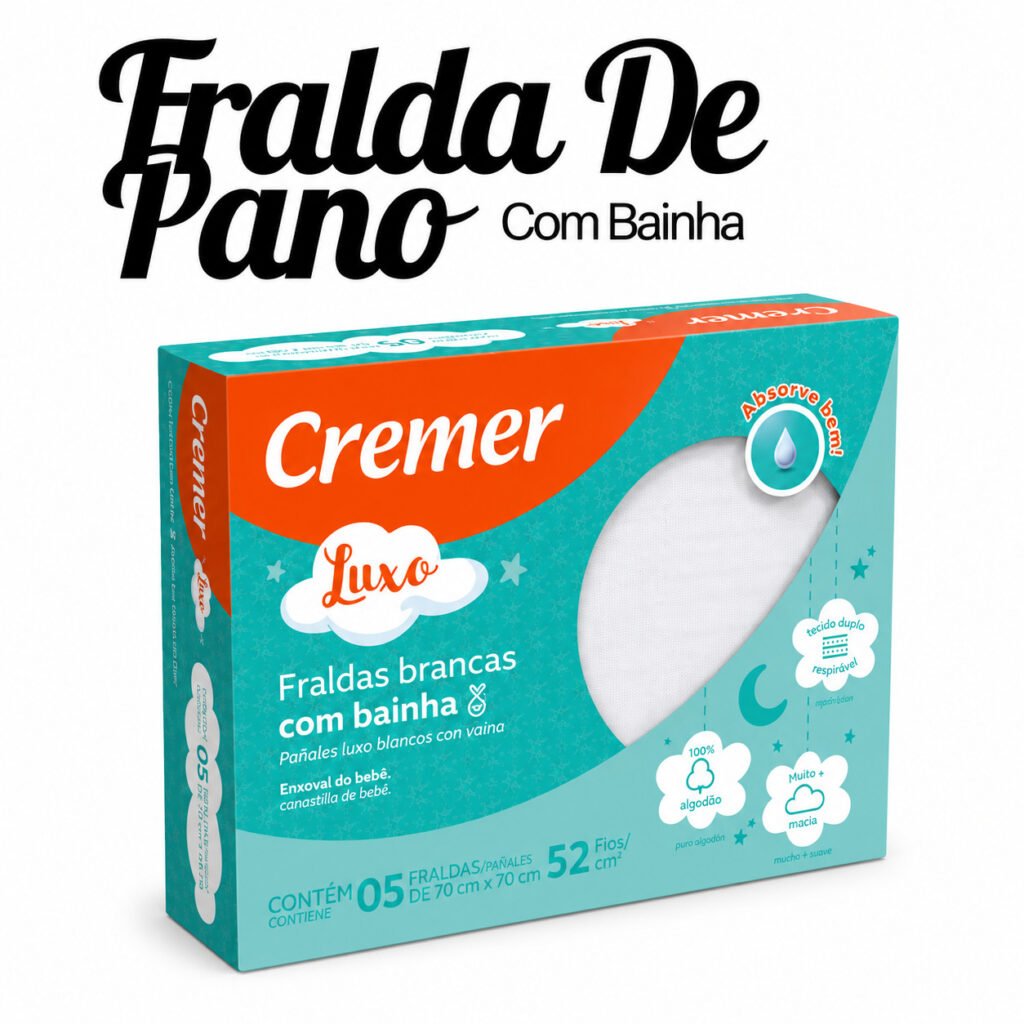 Fralda Cremer Luxo branca com bainha pacote com 5 unidades para bebê