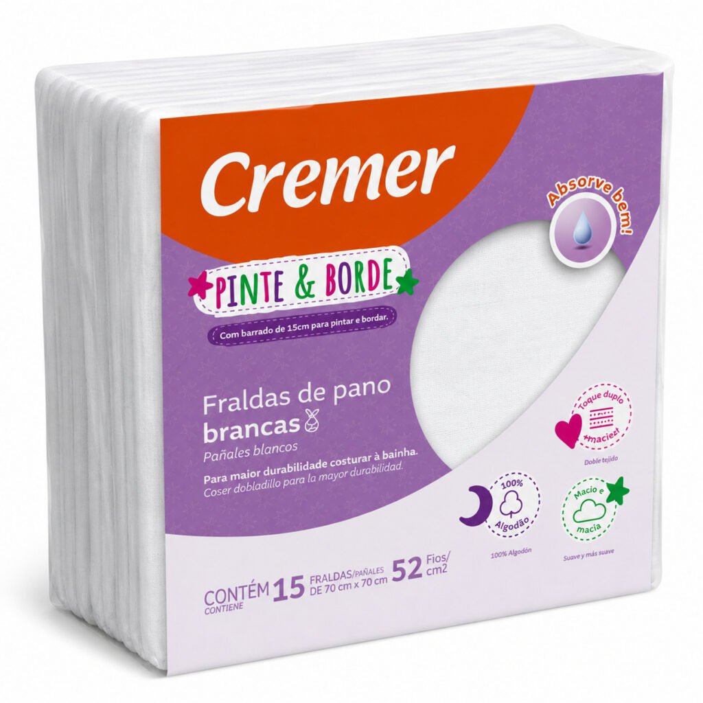 Fralda de pano Cremer branca 52 fios pacote com 15 unidades tamanho 70x70cm para cuidados diários do bebê.