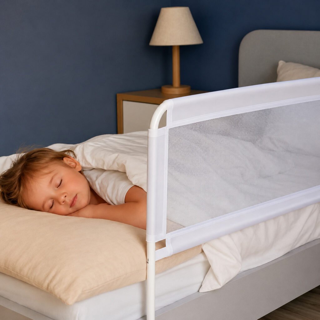 Grade de proteção para cama infantil instalada protegendo criança durante o sono.
