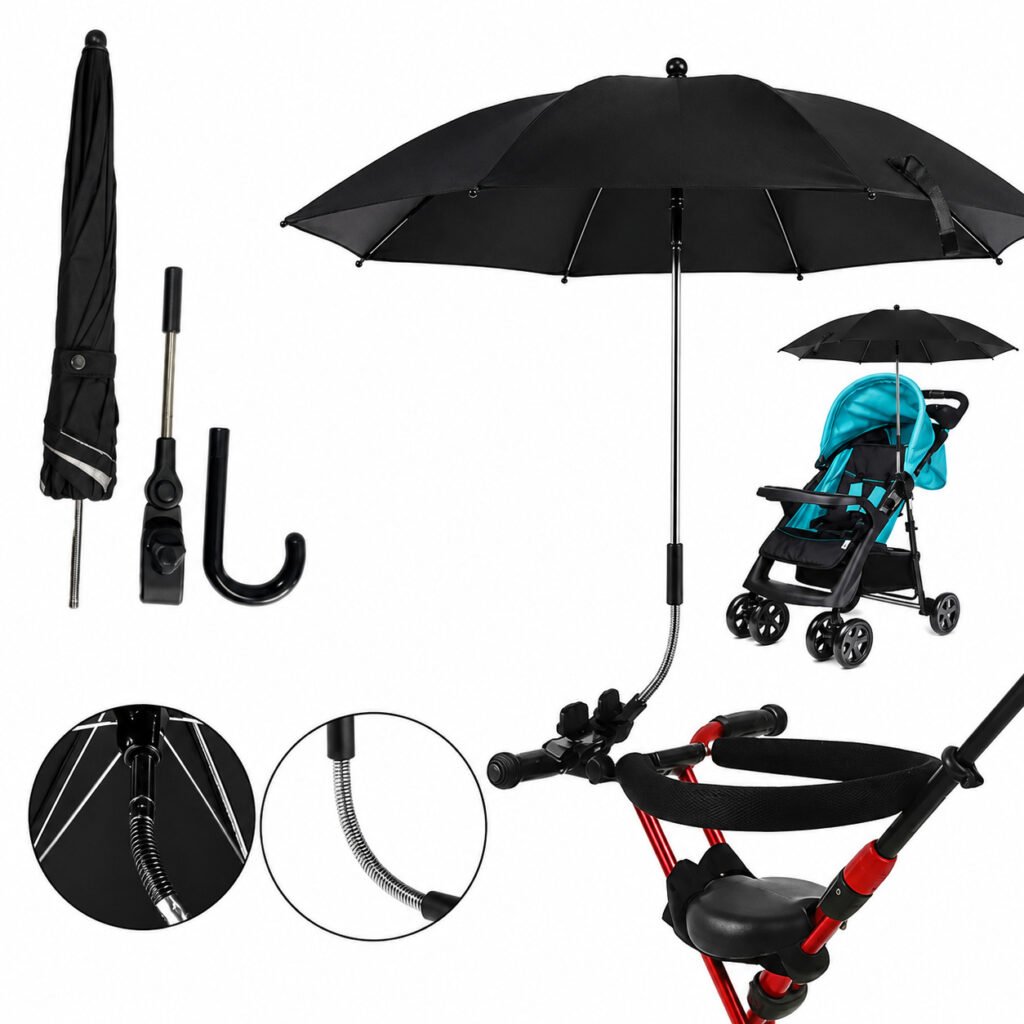 Guarda-sol universal para carrinho de bebê com proteção contra sol e chuva durante passeios.