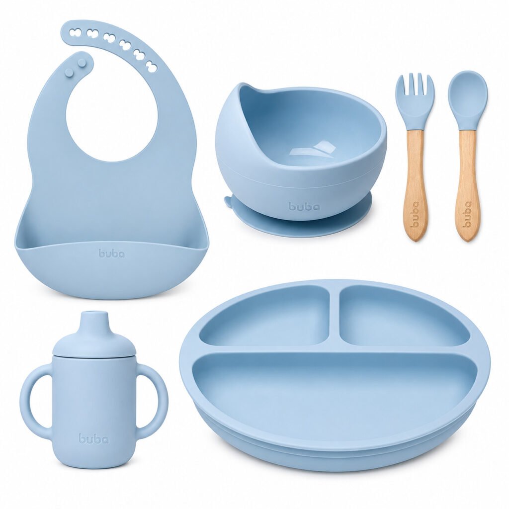 Kit Introdução Alimentar Buba Baby 5 peças para bebê com prato, tigela, colher, garfo e copo em silicone.