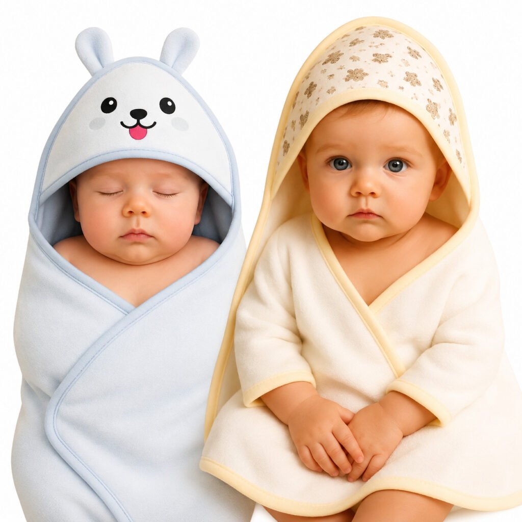 Kit com 2 toalhas de banho para bebê com capuz e orelhinhas macias.