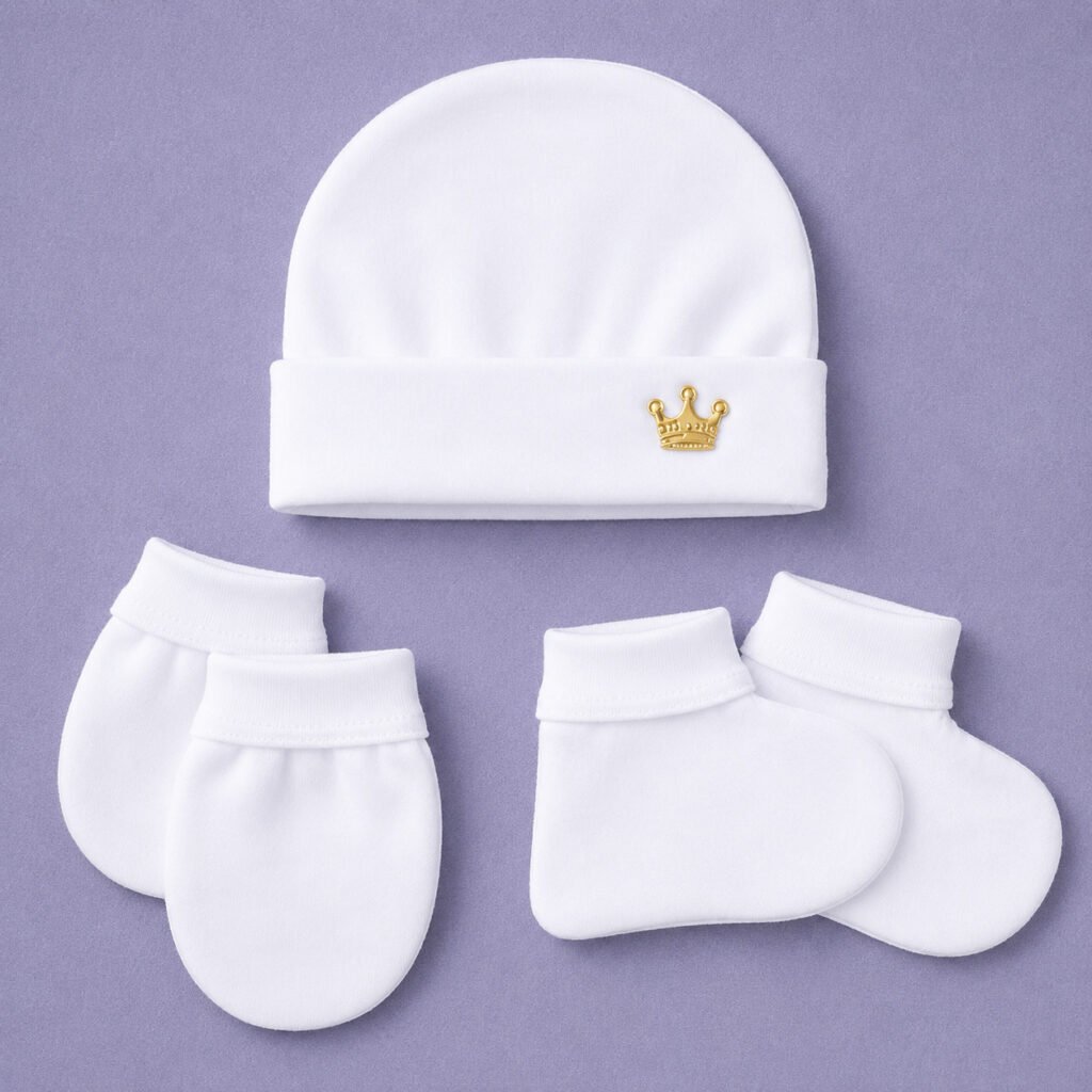 Conjunto unissex para bebê composto por gorro, luvas e sapatinhos macios para maternidade.
