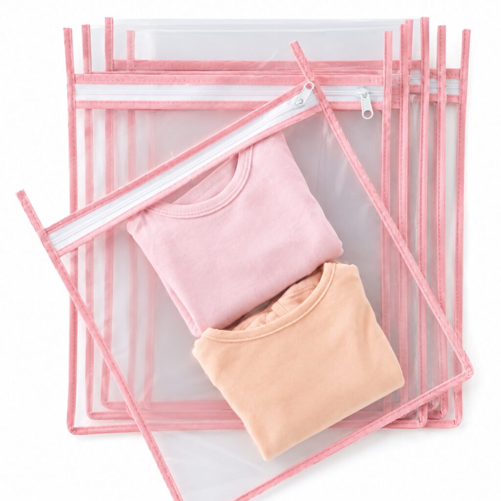 Saquinhos organizadores para enxoval de bebê com fechamento em zíper e material transparente.
