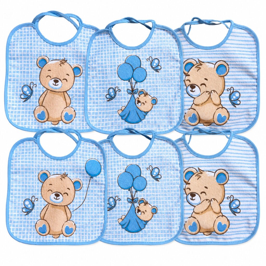 Kit com 6 babadores impermeáveis para bebê em tecido felpudo 100% algodão.