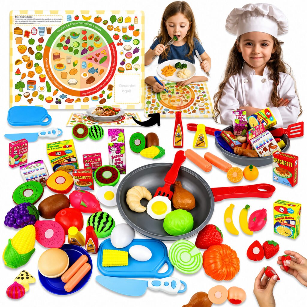 Criança brincando com kit comidinha infantil de frutas e cozinha divertida