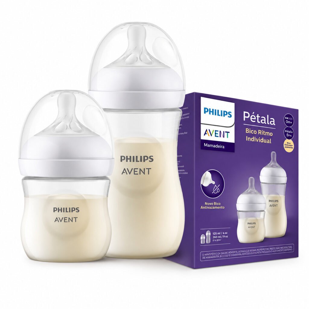 Conjunto de mamadeiras Avent Pétala original para recém-nascidos e bebês.