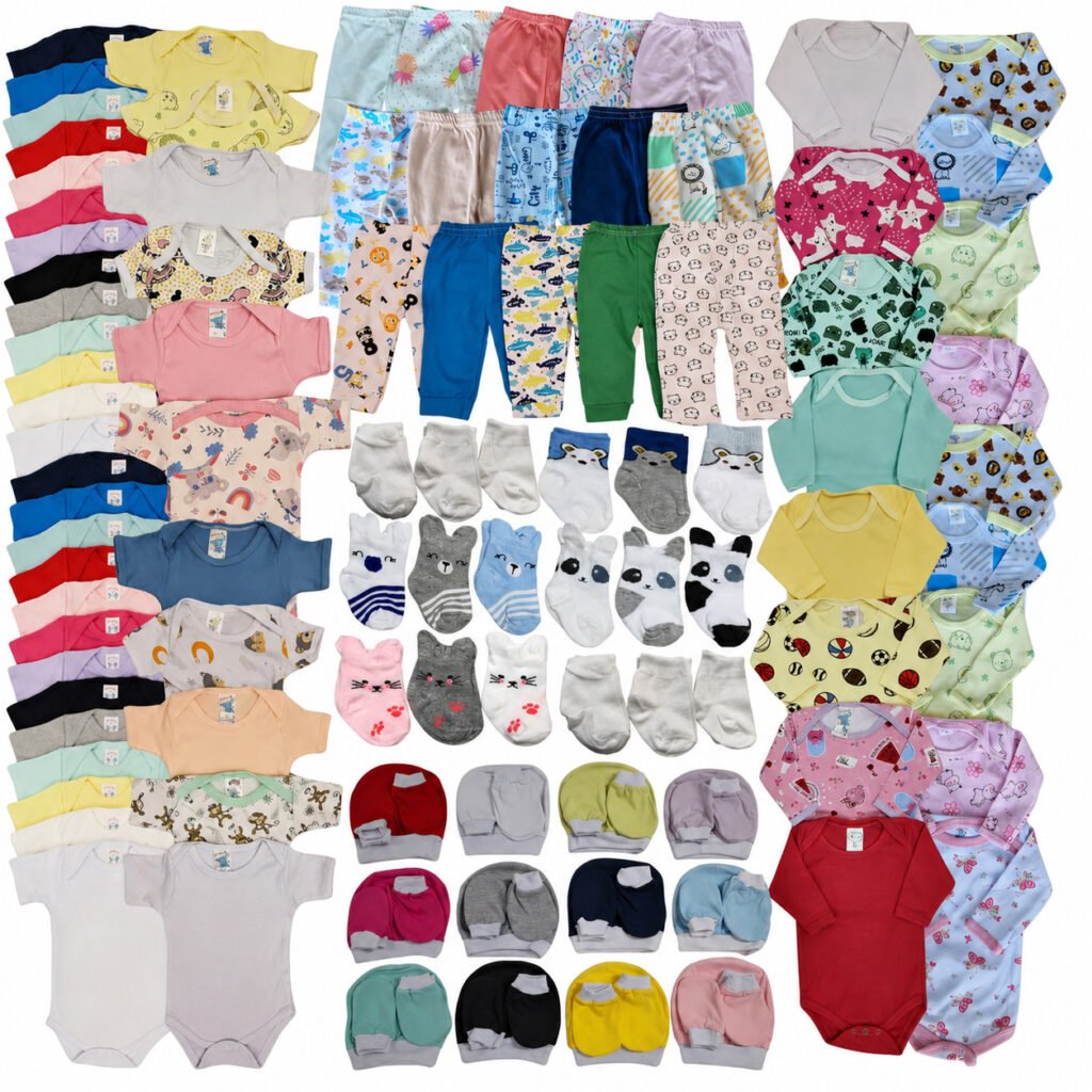 Kit enxoval bebê 36 peças em algodão antialérgico com bodies, calças, meias e luvas para recém-nascido.