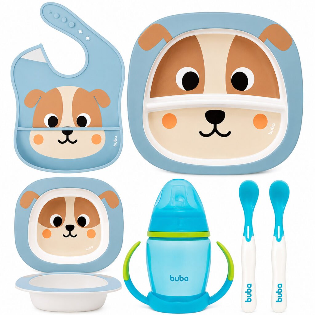 Kit Introdução Alimentar Buba Bubazoo com pratos, copo e colheres para bebê.