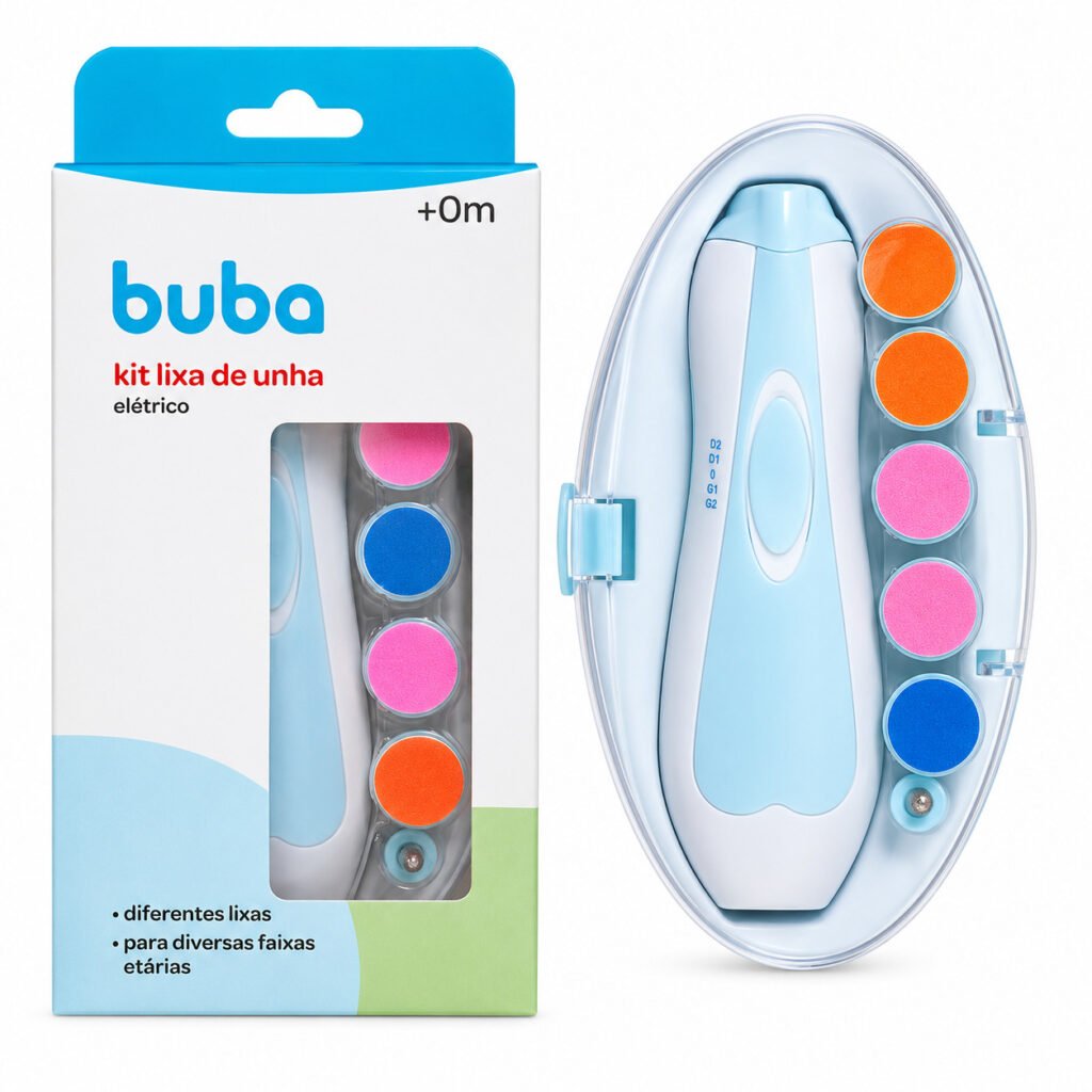 Kit lixa elétrica infantil portátil para cuidado seguro das unhas do bebê.