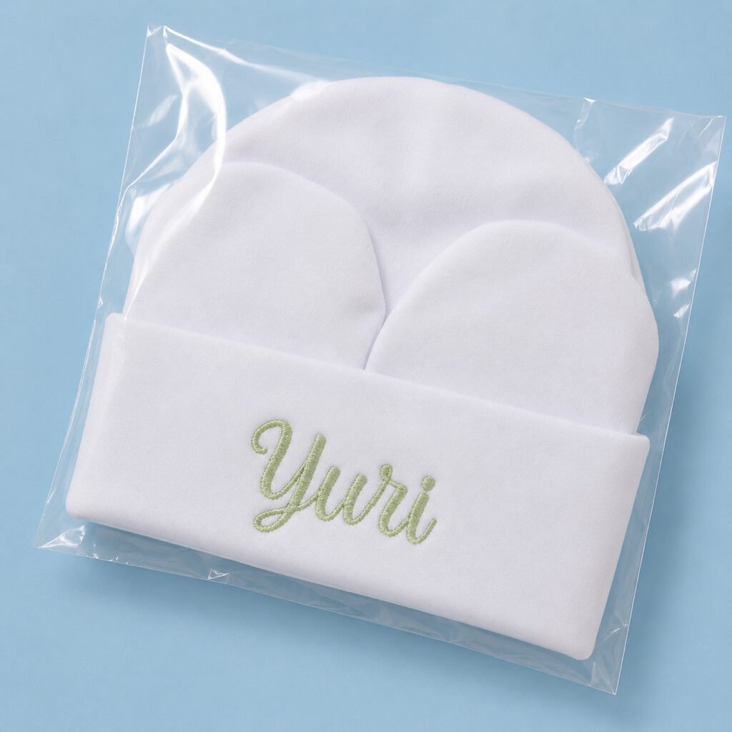 Conjunto maternidade personalizado com nome bordado composto por touca e luvas para bebê.