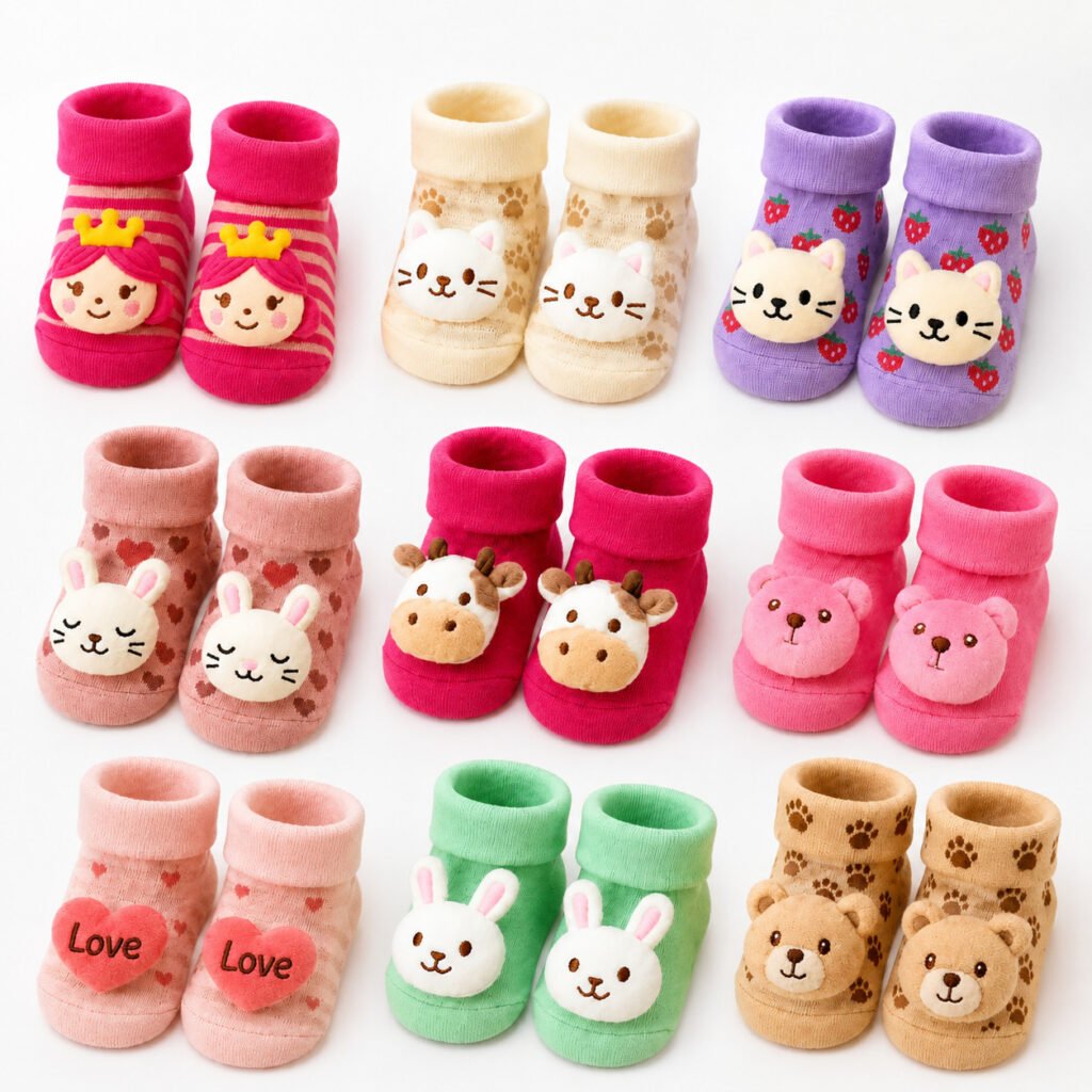 Kit com 4 pares de meias bebê pelúcia 3D com bichinhos para inverno.
