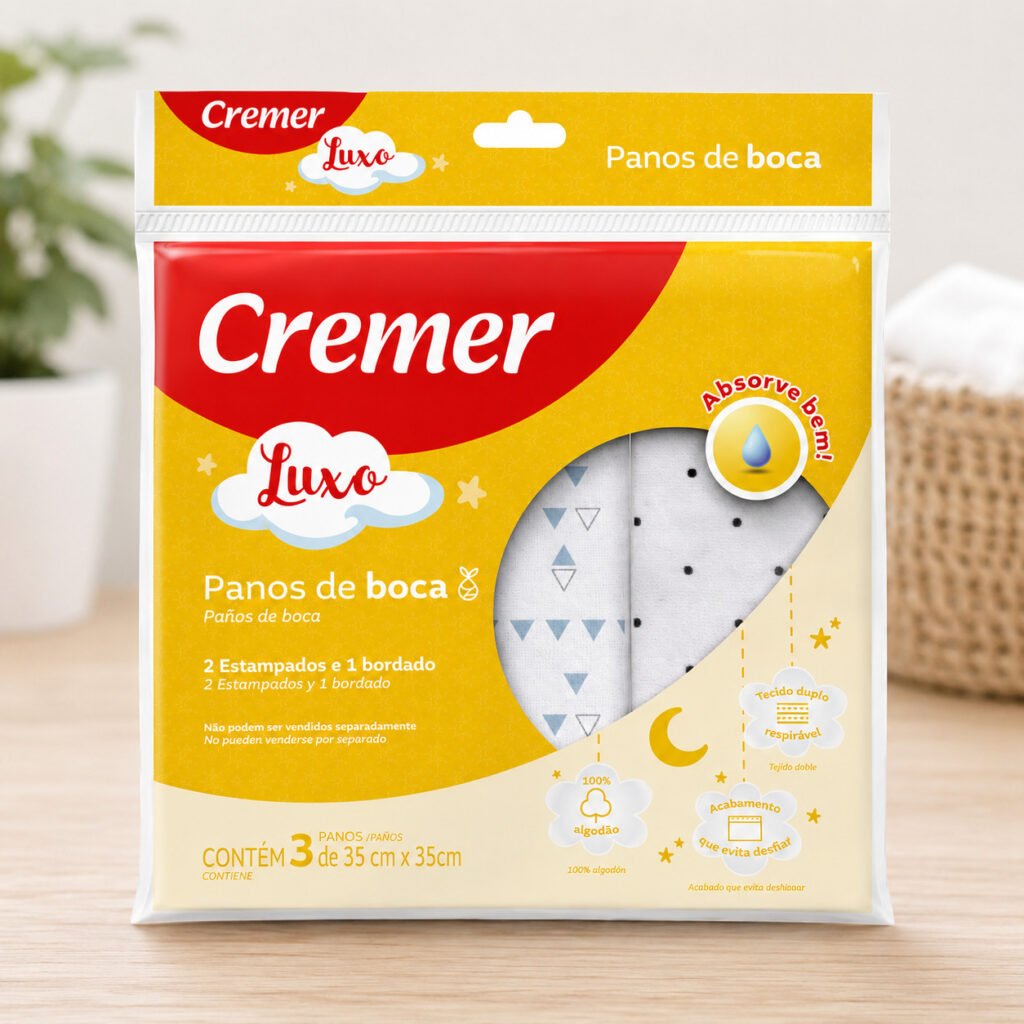 Kit pano de boca branco bordado 35x35cm Cremer macio e absorvente para recém-nascido.