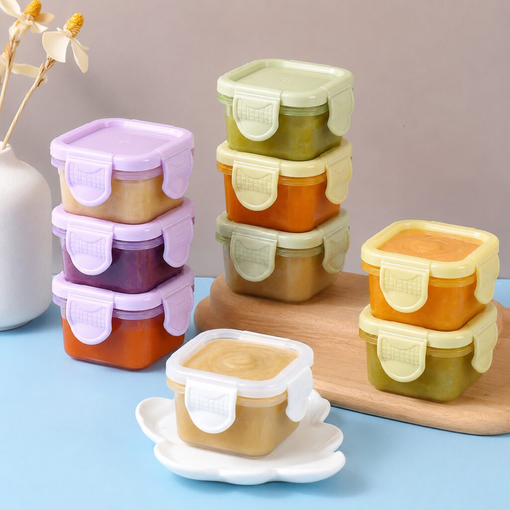Kit de mini potes infantis com vedação hermética para congelar papinhas e organizar refeições do bebê.