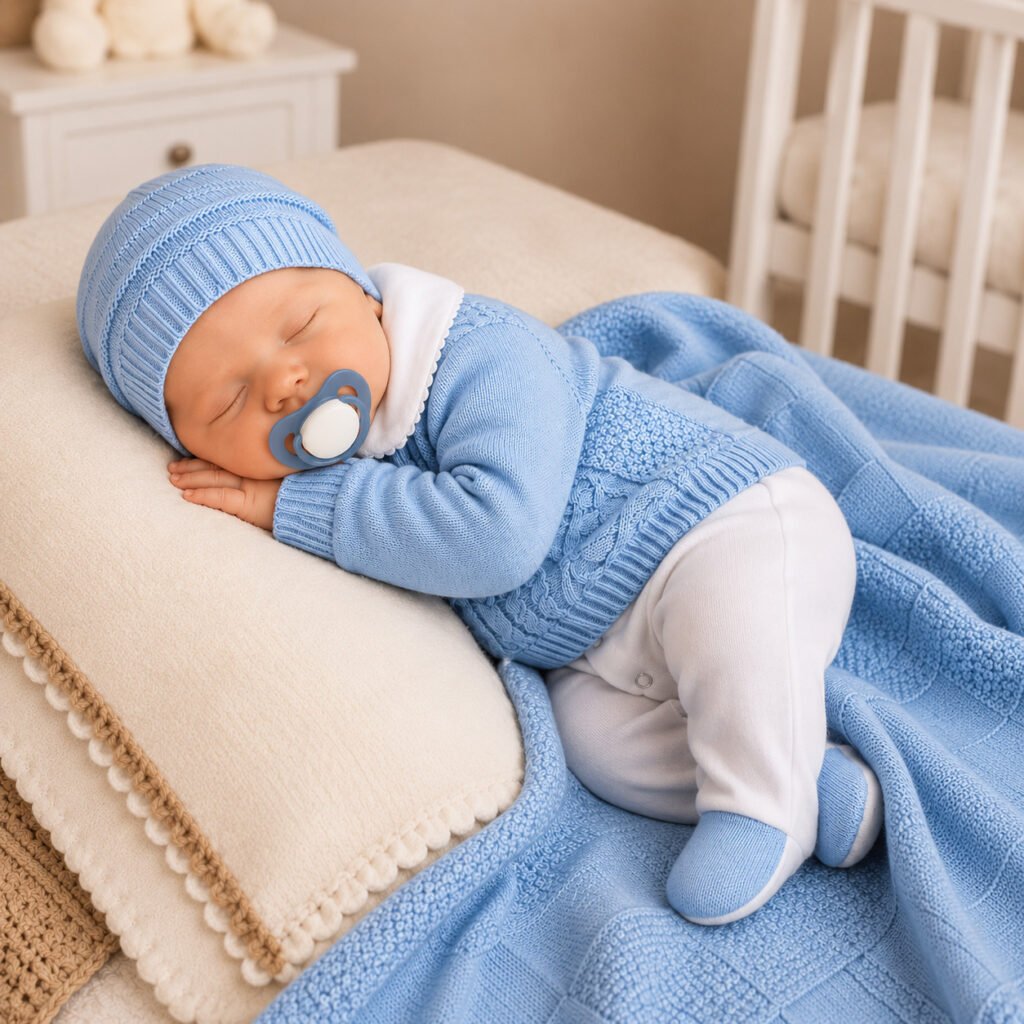 Kit saída de maternidade masculina em tricô azul claro para recém-nascido.