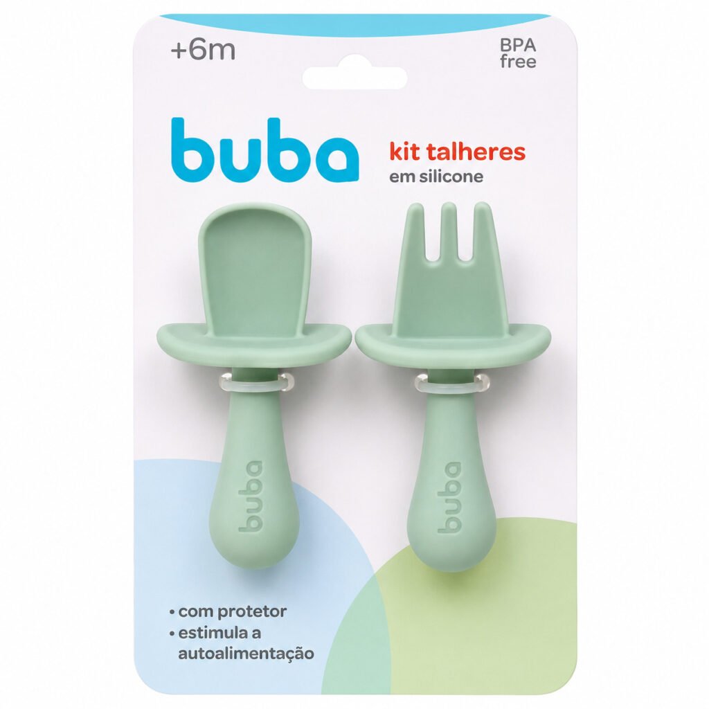 Kit talher de silicone para bebê com garfo, colher e protetor para introdução alimentar.