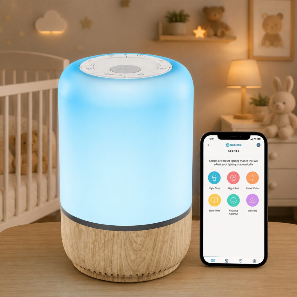 Luz e Som Soothe Maxi-Cosi White com ruído branco para auxiliar o sono do bebê.