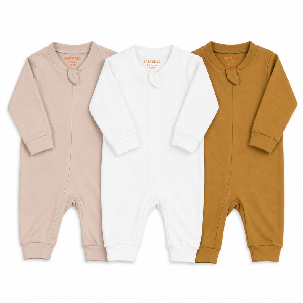 Macacões para bebê Baby Greg em cores neutras com tecido confortável e zíper.