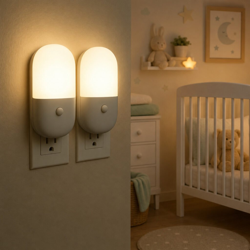 Kit com 2 luminárias LED infantis para tomada com luz noturna suave para quarto de bebê.