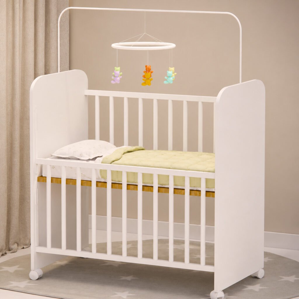 Mini berço branco com grade móvel, colchão incluso e regulagem de altura para bebê.