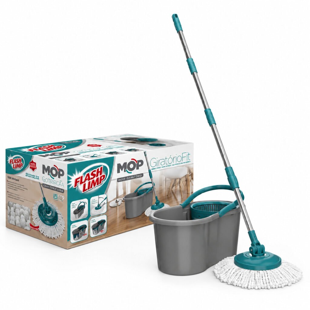 Mop Giratório Flash Limp Fit com balde centrífuga cinza escuro para limpeza doméstica.