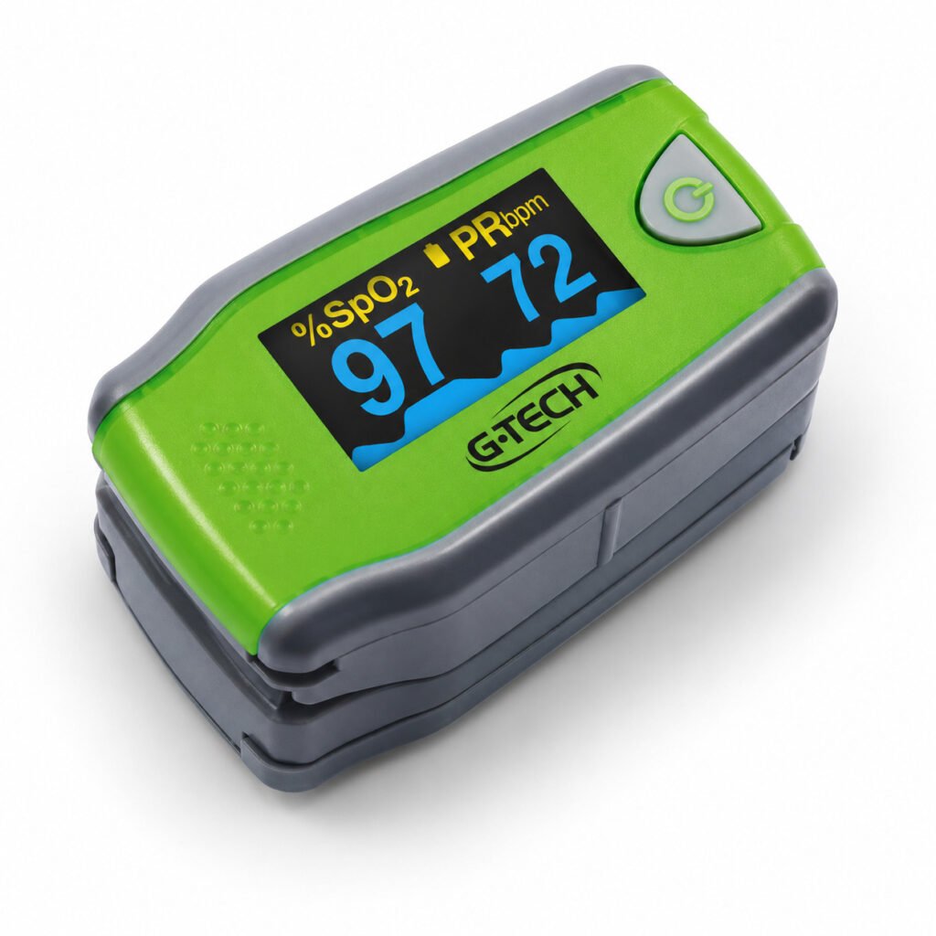 Oxímetro Pediátrico G-Tech verde com visor digital de saturação e frequência cardíaca.