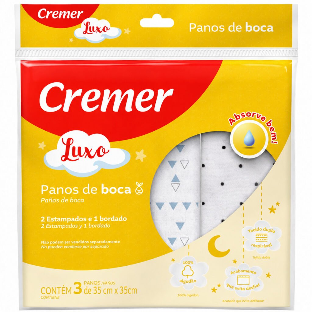 Pano de boca luxo branco bordado Cremer 100% algodão kit com 3 unidades para bebê.
