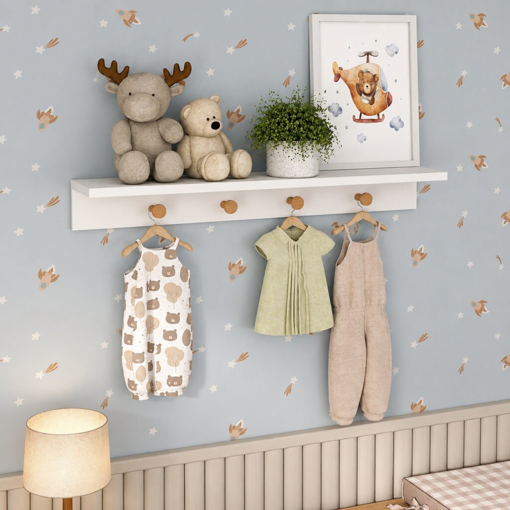Prateleira infantil branca com cabideiros de madeira para quarto de bebê.
