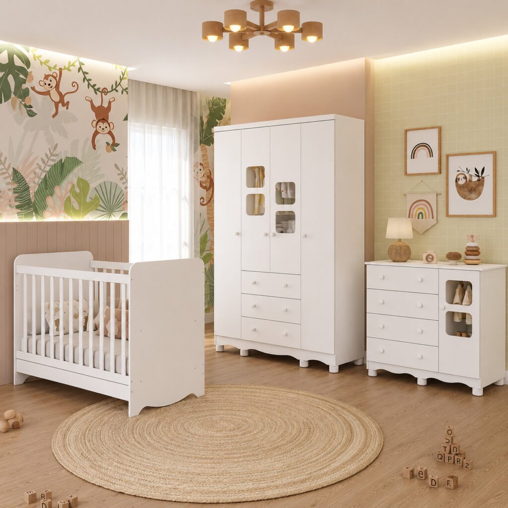 Quarto bebê completo com berço americano 3 em 1, guarda-roupa 4 portas e cômoda 100% MDF.