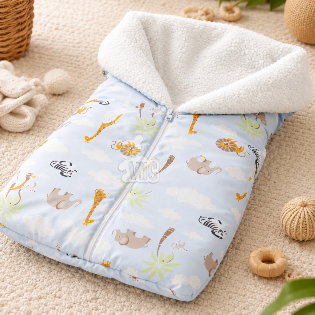 Saco de dormir casulo sherpa para bebê com zíper macio e revestimento quentinho.