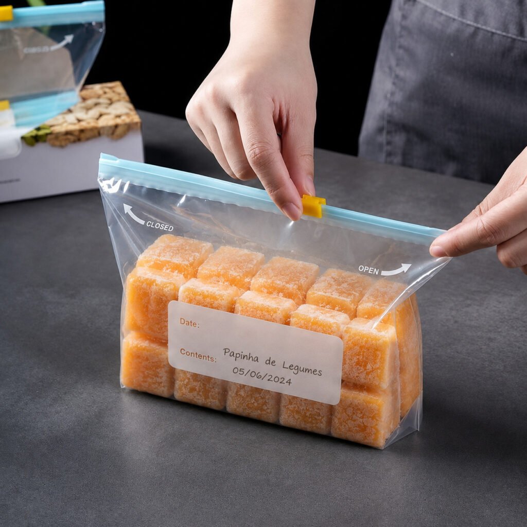 Sacos reutilizáveis para congelar papinhas, frutas e alimentos infantis com fechamento hermético.