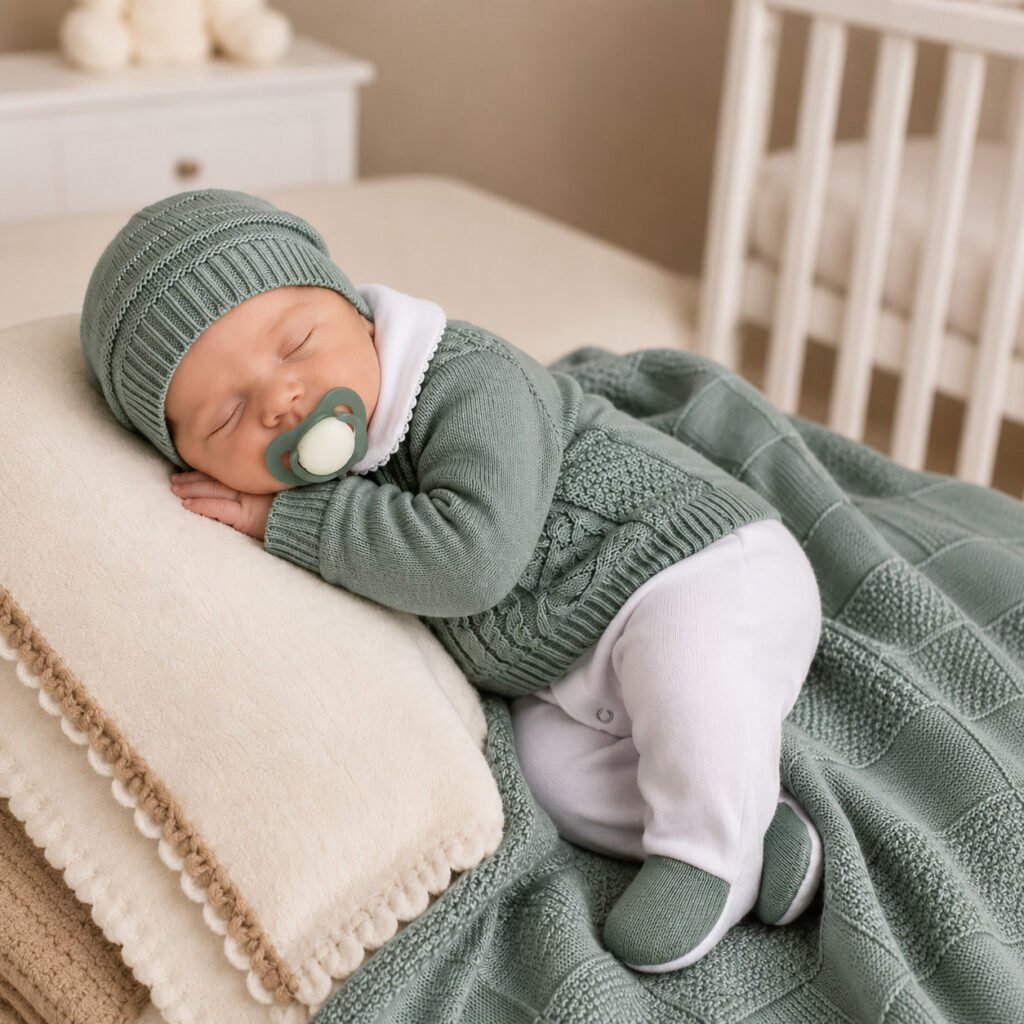 Bebê usando saída de maternidade em tricô com manta azul e acabamento premium.