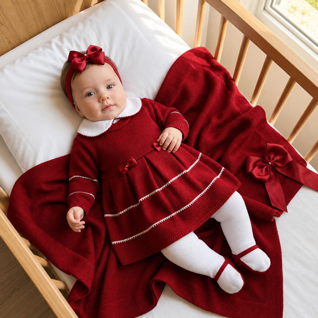 Saída de maternidade menina em tricô vermelho com manta e faixa para bebê de 0 a 3 meses