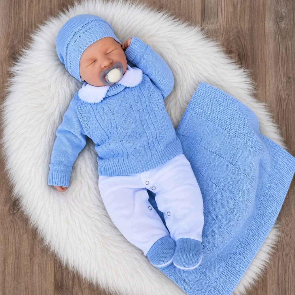 Saída de maternidade em tricô azul para bebê menino de 0 a 3 meses com manta e gorro.