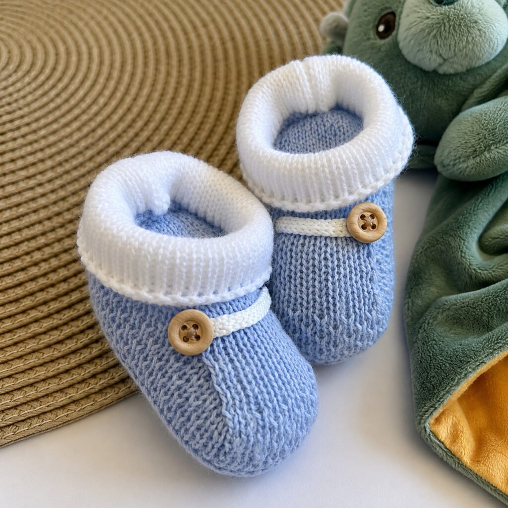 Sapatinho de bebê em tricô de linha luxo para recém-nascido de 0 a 3 meses.