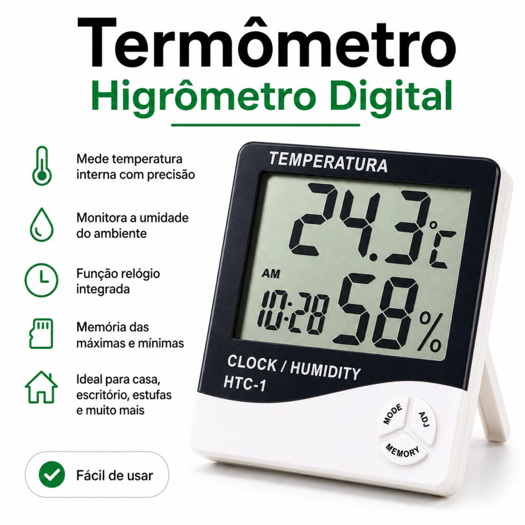 Termômetro e higrômetro digital medindo temperatura e umidade no quarto do bebê.