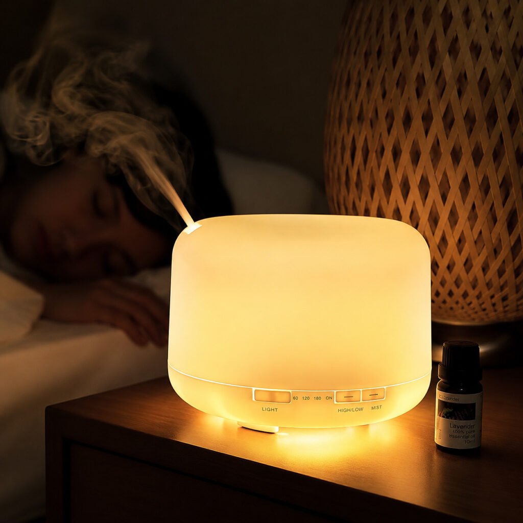 Umidificador portátil 500ML com luz LED de 7 cores em quarto de bebê proporcionando ambiente confortável para dormir.