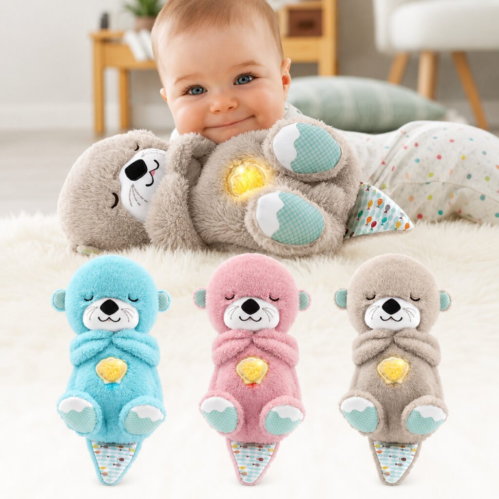 Urso de pelúcia com respiração simulada, luz suave e sons relaxantes para acalmar o bebê.