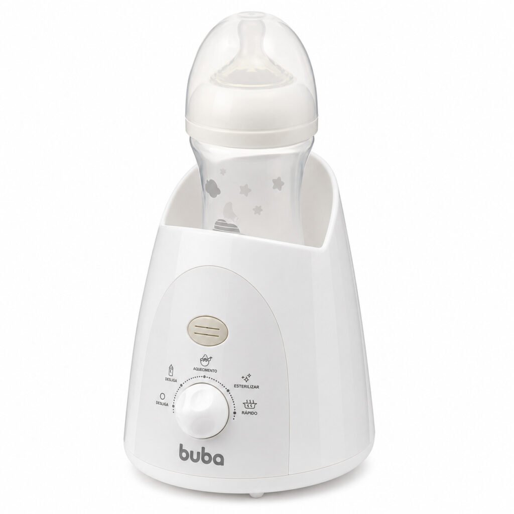 Aquecedor 3 em 1 Buba aquecendo mamadeira e esterilizando chupetas.