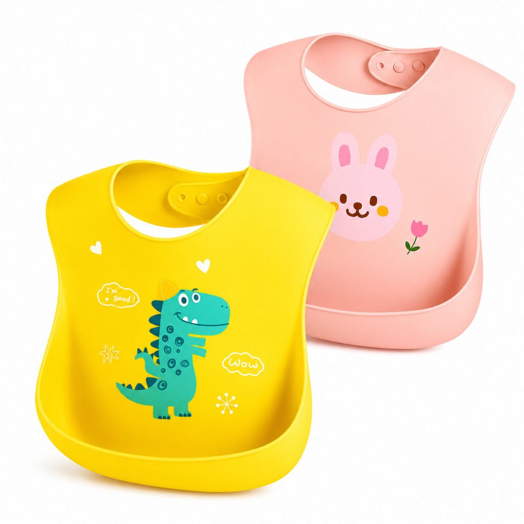 Babador de silicone impermeável para bebê com bolso pega migalhas.