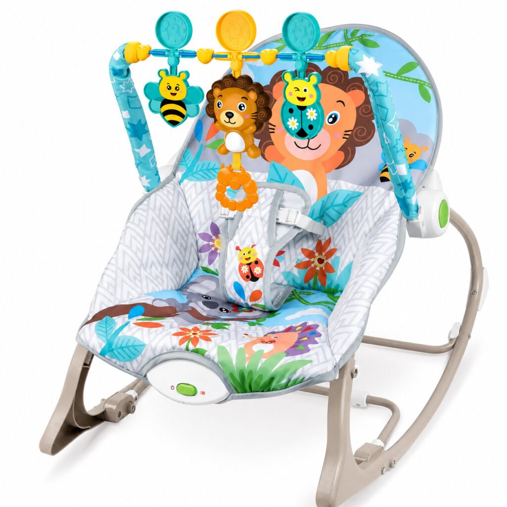 Cadeira de descanso e balanço bebê Maxi Baby Funtime Leão com arco de brinquedos.