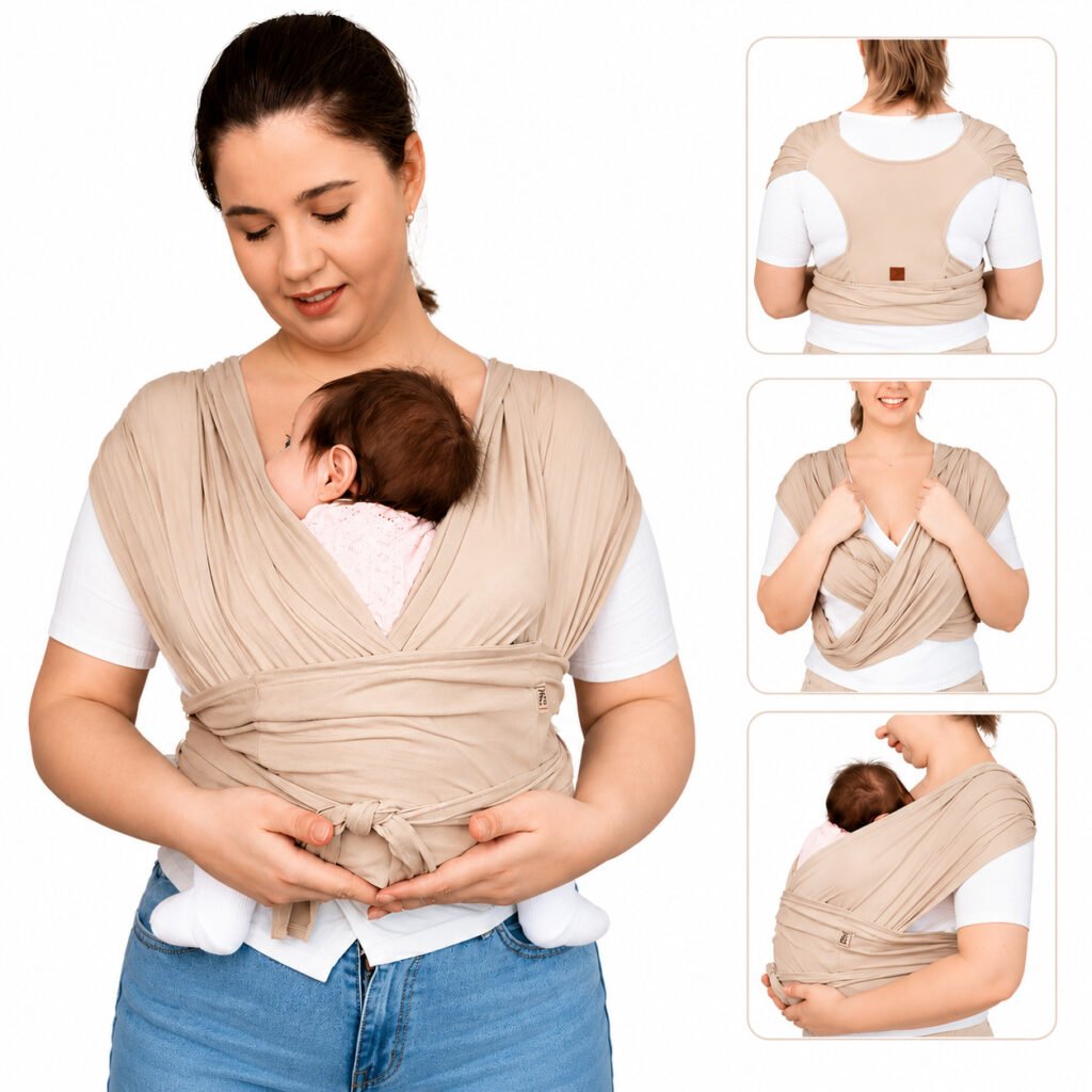 Sling ergonômico para bebê proporcionando conforto aos pais e ao bebê.