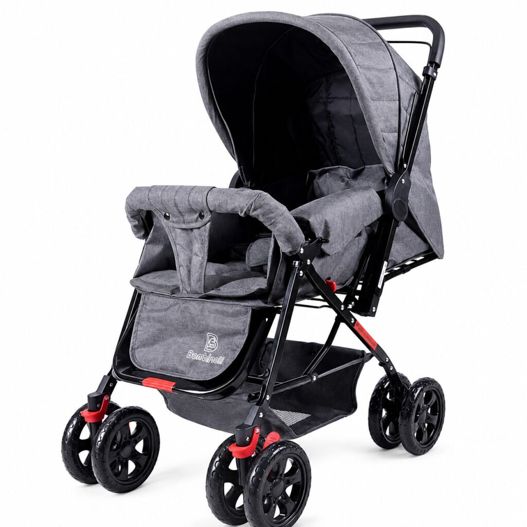 Carrinho de Bebê Bambinelli Fox Reclinável cinza com capota e estrutura leve para passeios.