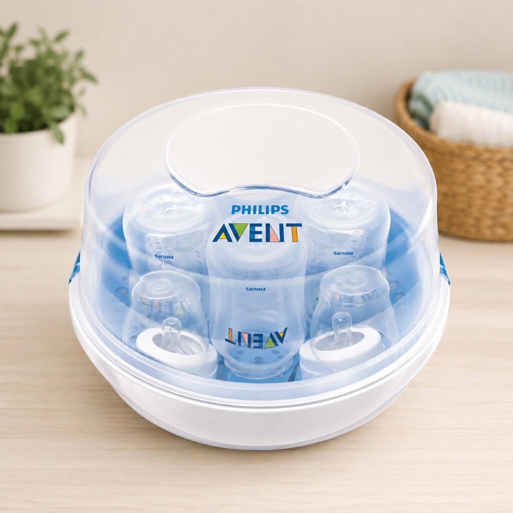 Esterilizador Philips Avent para higienização de mamadeiras, bicos e chupetas em micro-ondas.