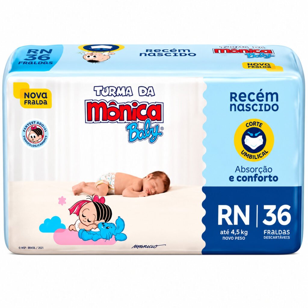 Fralda Descartável Turma da Mônica Baby RN pacote com 18 unidades para recém-nascido.