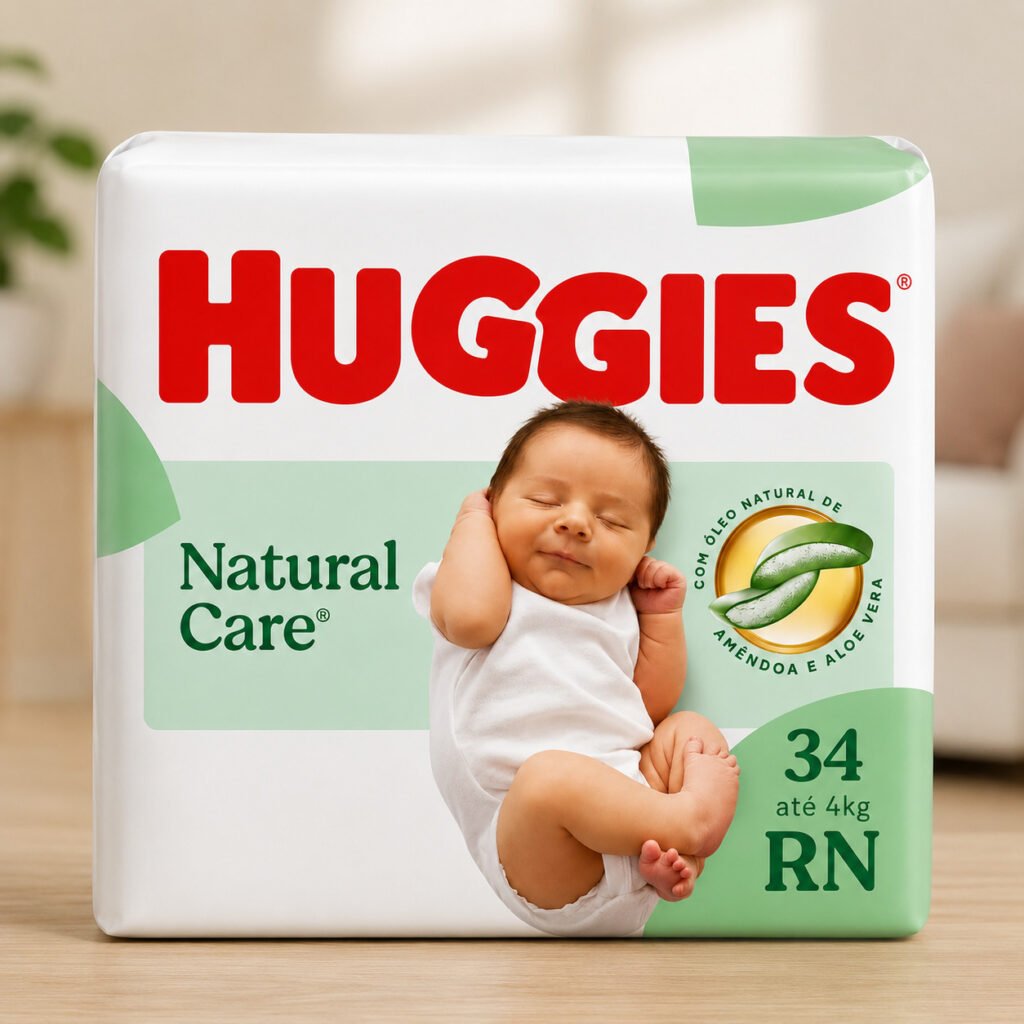 Pacote de fraldas descartáveis Huggies Natural Care tamanho RN com proteção suave.