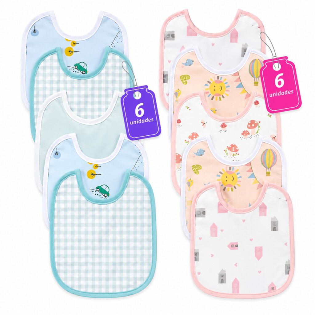 Kit com 6 babadores bandana impermeáveis 100% algodão ajustáveis para bebê.