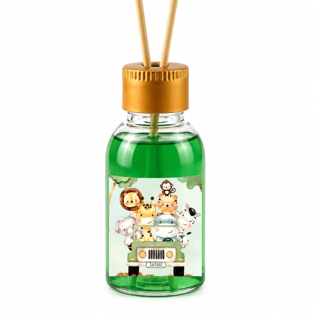 Kit aromatizador 30ml safari para lembrancinha de maternidade personalizado.