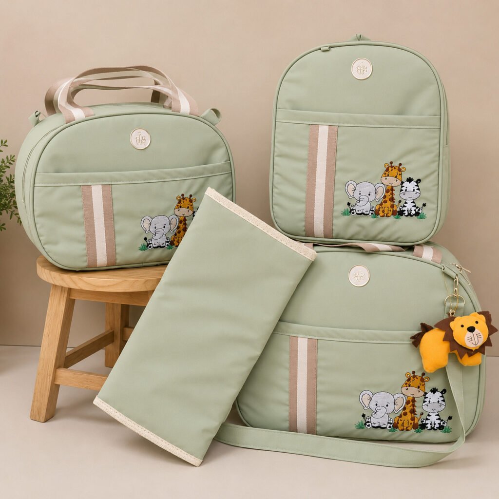 Kit bolsa maternidade safari com mochila e trocador para bebê.