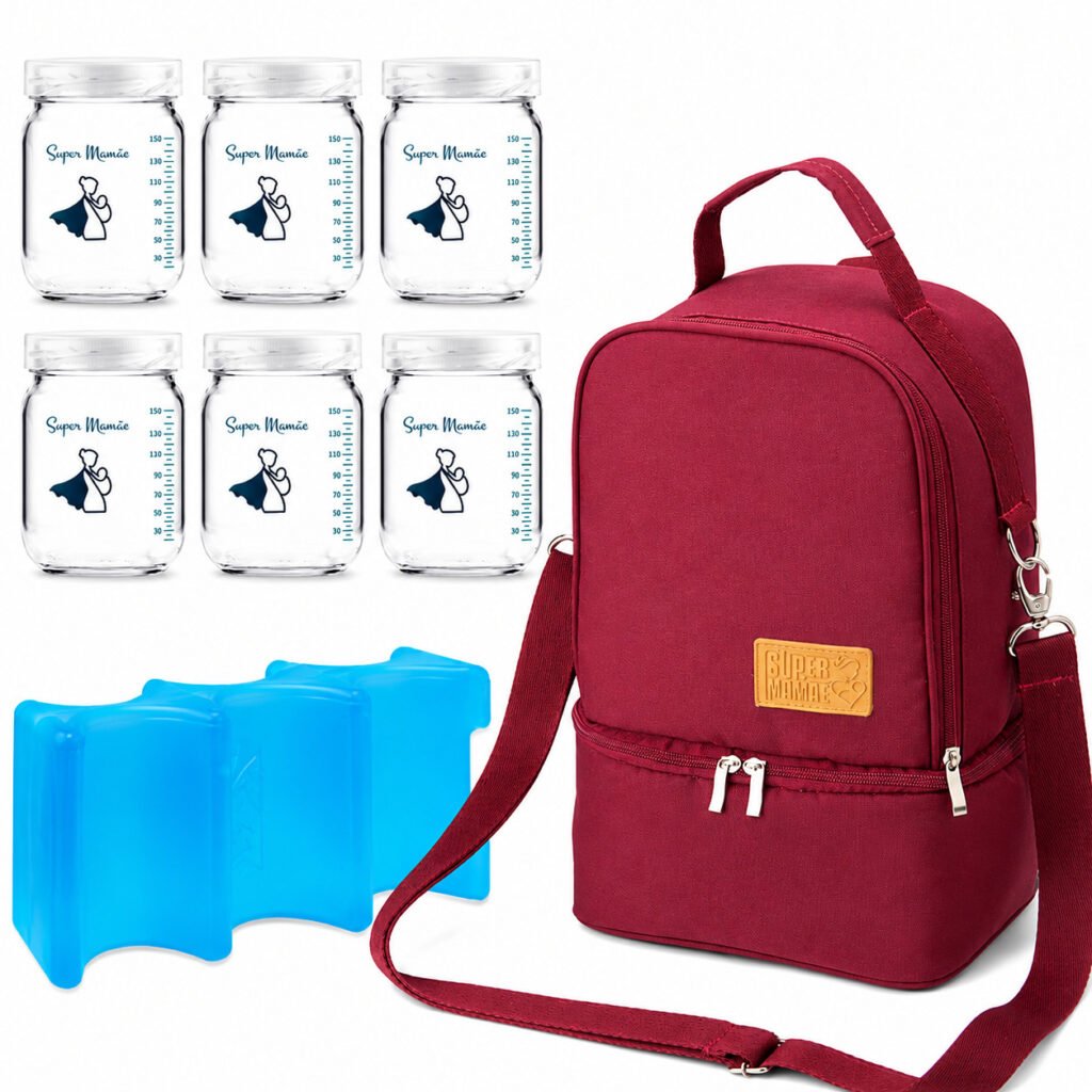 Kit para coleta e armazenamento de leite materno Super Mamãe com bolsa térmica vinho, seis frascos de vidro graduados e placas de gelo reutilizáveis sobre fundo branco.